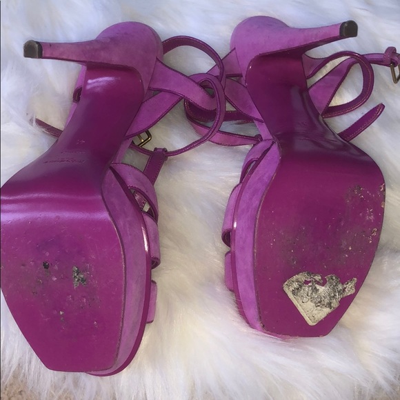 Suede and leather fuchsia heels - Picture 3 of 8